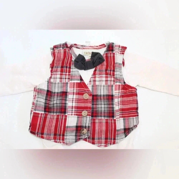 Cachcach Vintage Baby Boy Onsie with red checkered vest & black bowtie 9M Dressy - Picture 3 of 12